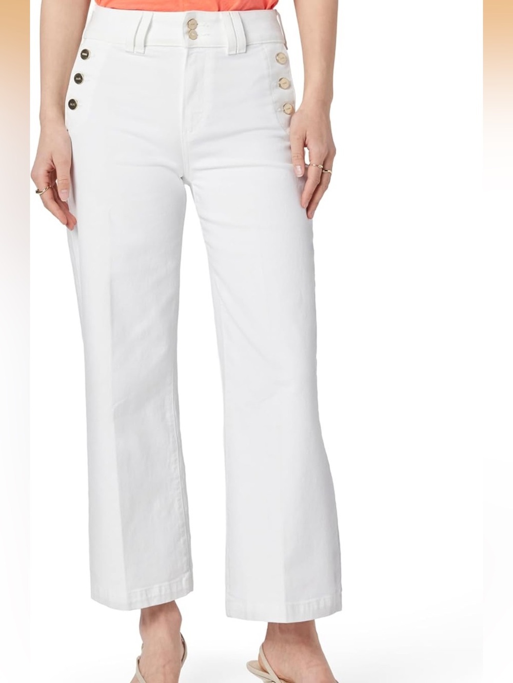 Paige- White High-Rise Wide-Leg Jeans with Button Detail